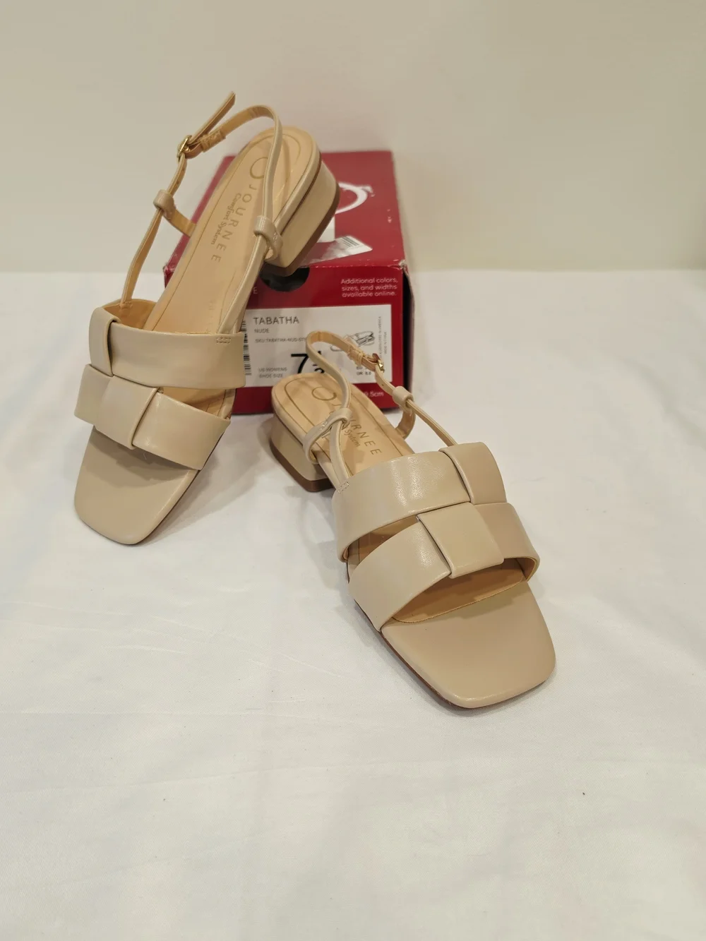 Journee Collection Tabatha Nude Woven T-Strap Low Block Heel Sandals US Size 7.5